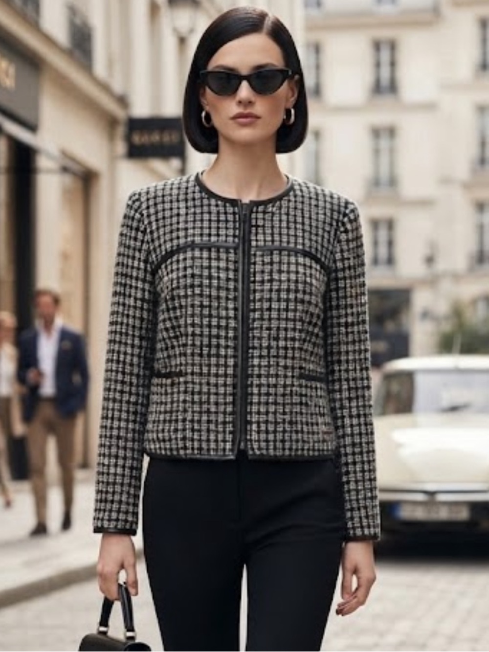 Sandro Black & White Tweed Vegan Leather-Trim Zipper Jacket
